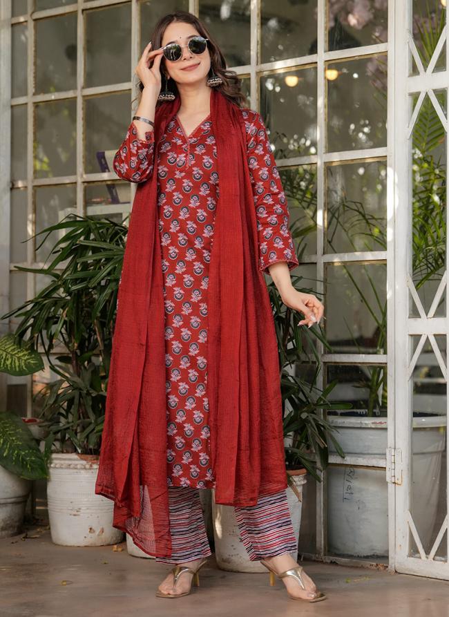 Cotton Red Daily Wear Printed Readymade Suit